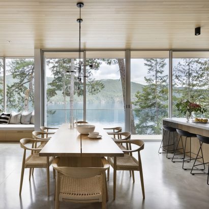 Photograph showing dining area with large windows