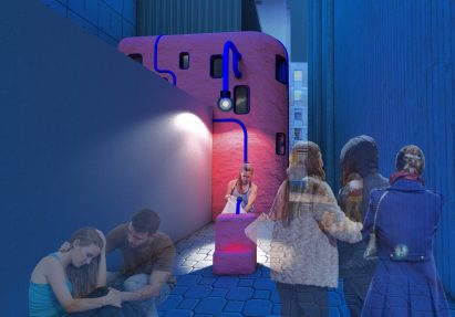 A render of a restaurant with customers