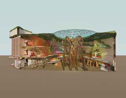 A digital illustration of the inside of a building