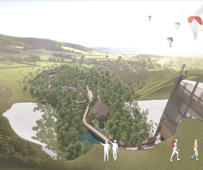 An digital artwork of a natural landscape with cartoon-like figures on the hillside