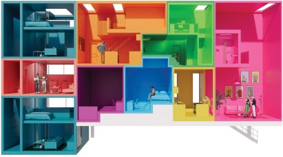 A render of the inside of a building with colourful rooms
