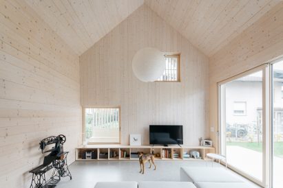 Interior image of a timber-lined living area