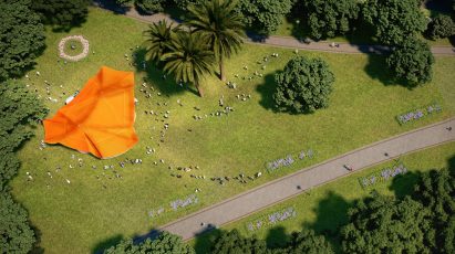 Aerial render of the orange MPavilion