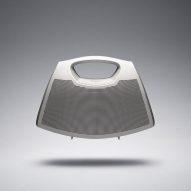 A silver speaker bag