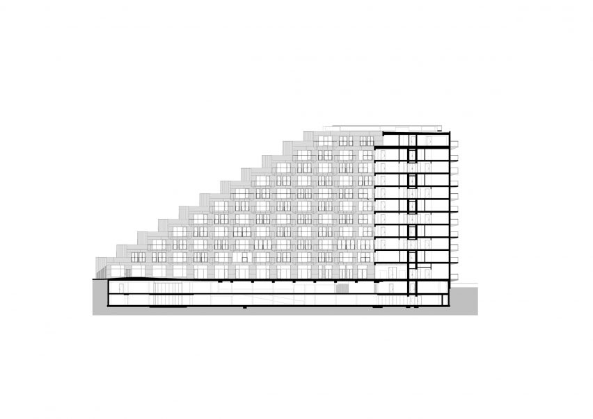 Sluishuis housing block by BIG and Barcode Architects cantilevered over IJ lake
