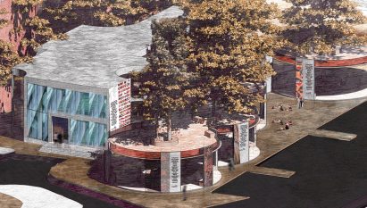 An illustration of a building with trees surrounding it that aims to promotes interculturality at urban, neighbourhood and architectural scales.