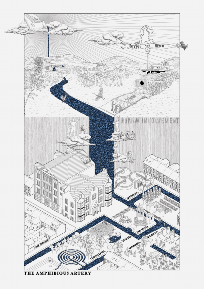 Portrait orientated multi-level drawing showing river and structures around it