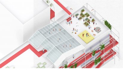 Architectural diagram of aerial view of campus showing figures in activities