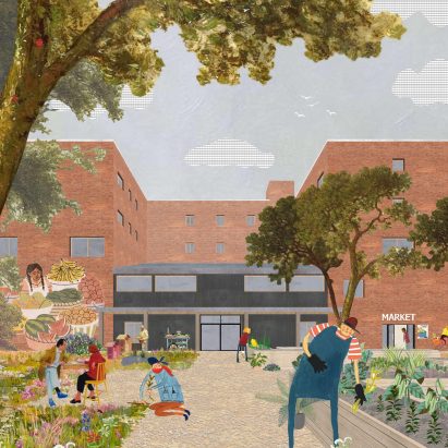 Collage render of a red brick building with people gardening in front
