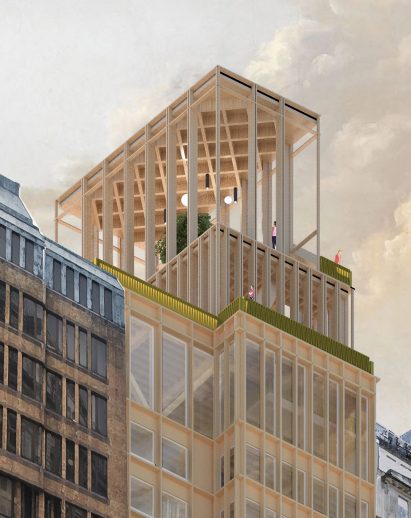 Perspective from below of a timber structure rooftop extension on a high-rise building