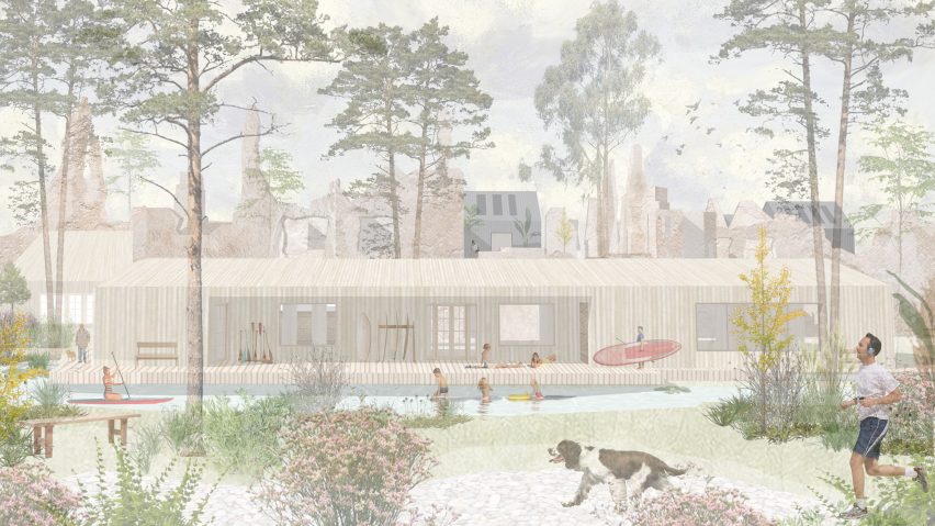 Pastel-toned render of a timber structure with a lake and planted surroundings