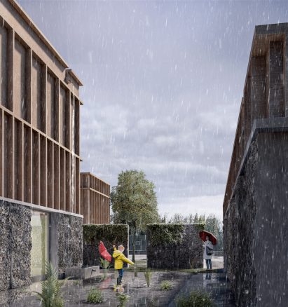 Render of a child playing in the rain in a courtyard space