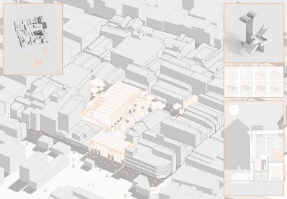 3D axonometric drawing with the site plan outlined in orange and annotative drawings