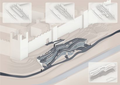 3D axonometric of an open-air intervention on a sloped landscape next to a castle
