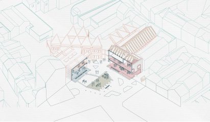 3D axonometric line drawing of a colour-coded site plan