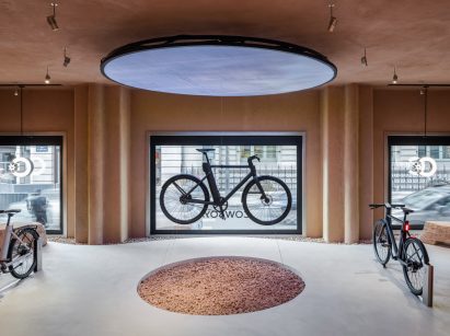 Bike hanging in centre of Cowboy e-bike shop