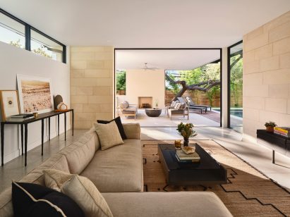 Living room with entryway to patio
