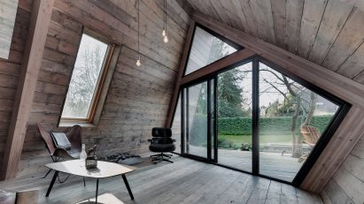 View of inside the cabin, showing the picture window