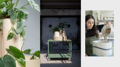 Clay humidifier on a green cart containing plants by student at Lucerne University of Applied Sciences and Arts