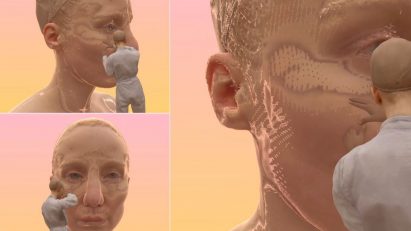 3D digital render of a large face and a person moulding it