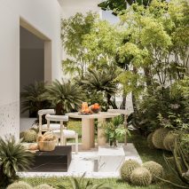 Sustonable surfaces used in a planted outdoor garden space