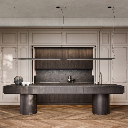 Floral Botanica panelling in a kitchen with a large kitchen island
