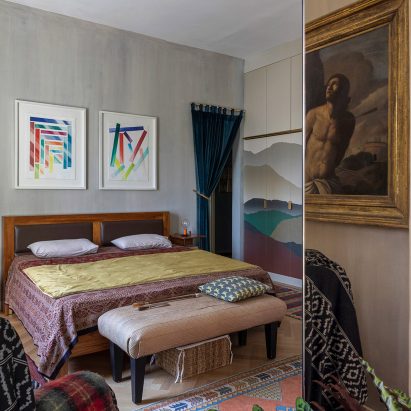 Bedroom in 02a's Casa del Diplomatico in Rome with mirror in the foreground