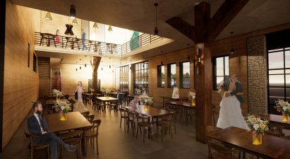 Interior of a public dining space with an upper balcony level by student at Drexel University