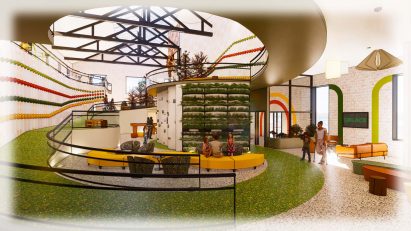 Render of an interior space with a spiral green ramp by student at Drexel University