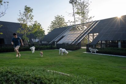 Low-reaching corrugated roofs rest on concrete columns in EKAR Architects' dog hotel