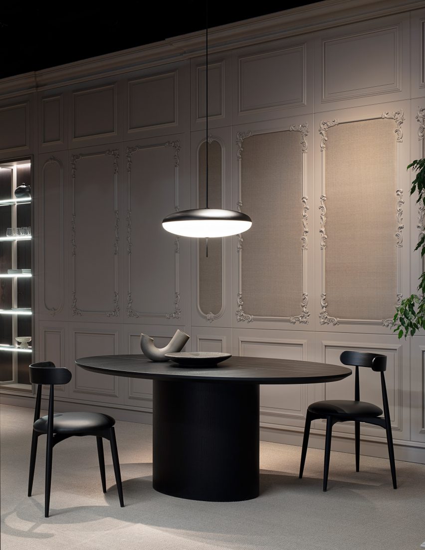 Floral Botanica wall panelling used in a dining room with dark wooden furnishings
