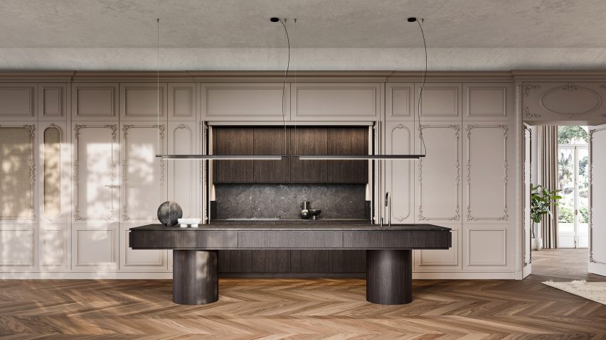 Floral Botanica kitchen by L'ottocento with a dark wooden island