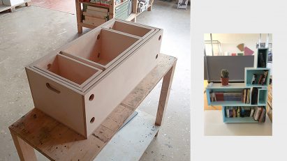 Two photos of a modular bookcase arranged in different formats