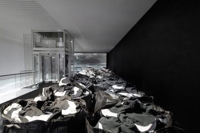 Bulk bags filled with Yeezy Gap engineered by Balenciaga were placed in the Times Square store