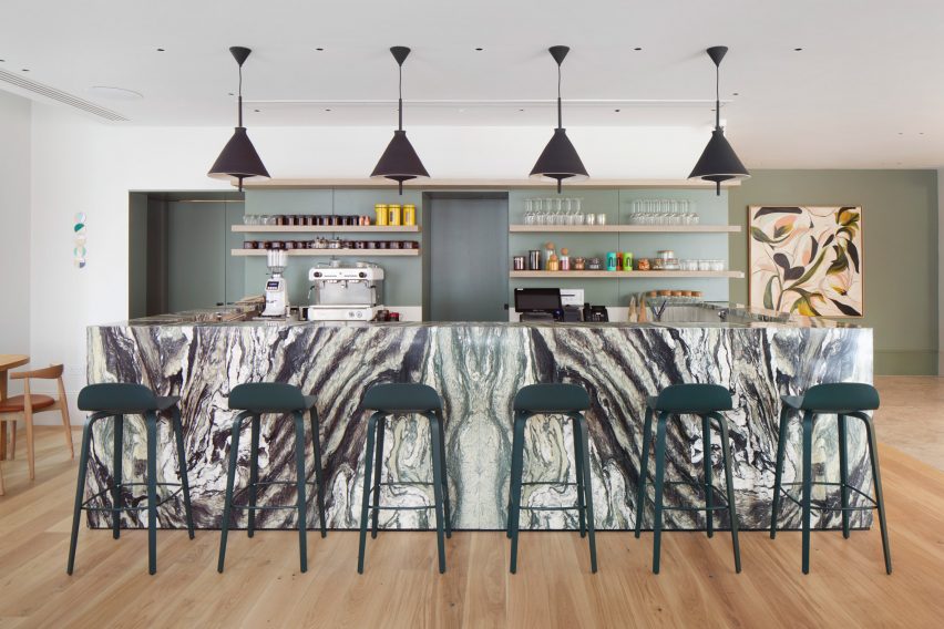 Marble bar in Inhabit Queen's Gardens by Holland Harvey Architects