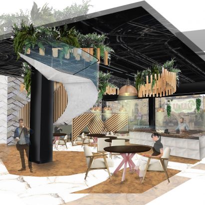 Collage render of the interior of a cafe