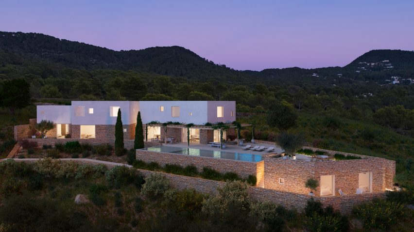 Render of Can Almendro lit at night time