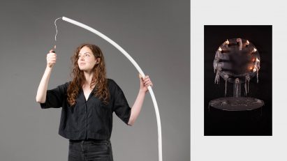 Long curving white candle being lit by the designer from Lucerne University of Applied Sciences and Arts