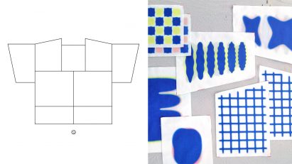 A photograph of a textile cut out design in blue and yellow