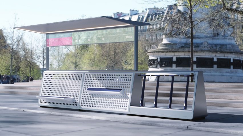 A sleek bus shelter in Paris with e-scooters slotted into the frame of the shelter