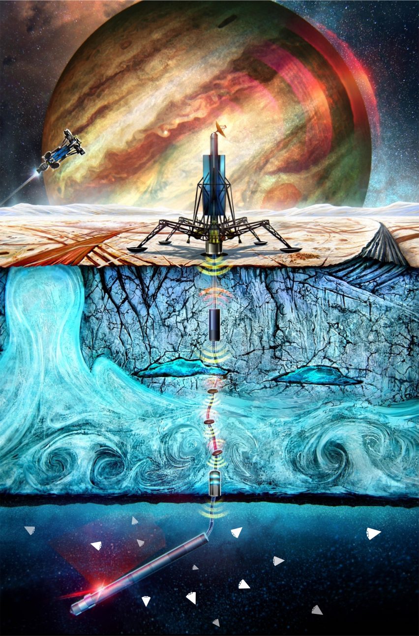 An illustration of a NASA probe entering an ocean