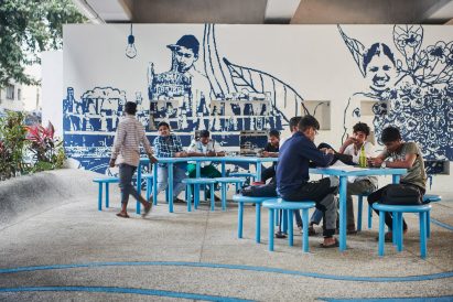 Blue tables and chairs in Mumbai