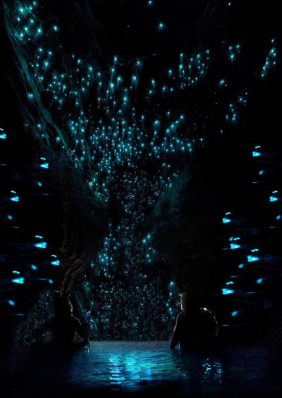 Rendering of dark interior space with blue glowing elements