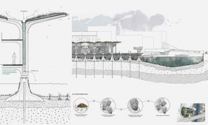 Landscape presentation board containing architectural drawings and diagrams