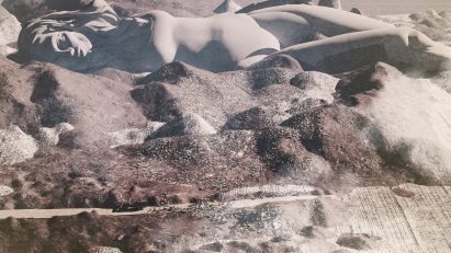 Landscape render with female figure integrated into hills