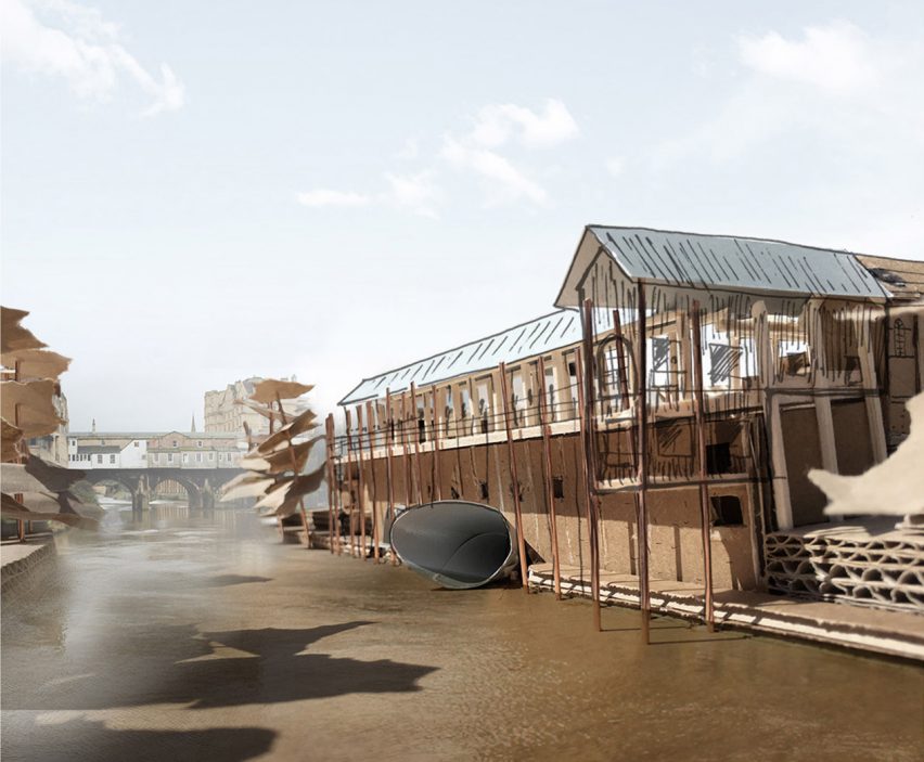 Architectural visualisation of a building with areas on stilts