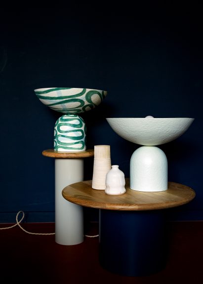 U-shaped curved green and white lamps by Palefire Studio