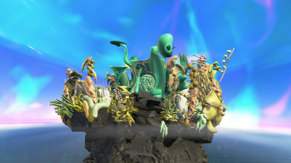 A 3D-designed virtual building with decorative sculptures