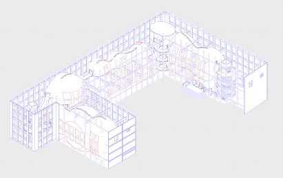 Purple axonometric line drawing by student at Ravensbourne University London
