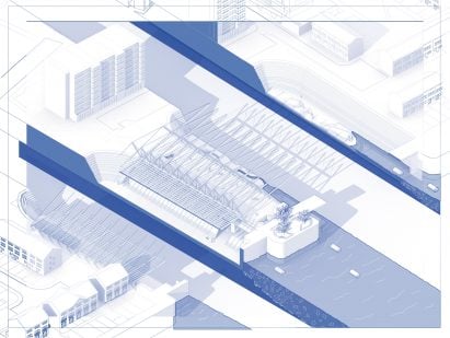 Isonometric blue and white 3D drawing by student at Ravensbourne University London